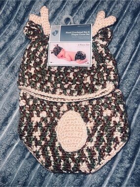 Hand Crocheted Kids Deer Costume Set - Pink, Green & Brown